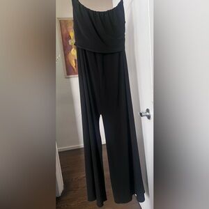 Meg (NYC designer) black jumpsuit. Wide leg, open back, multiple tie positions.